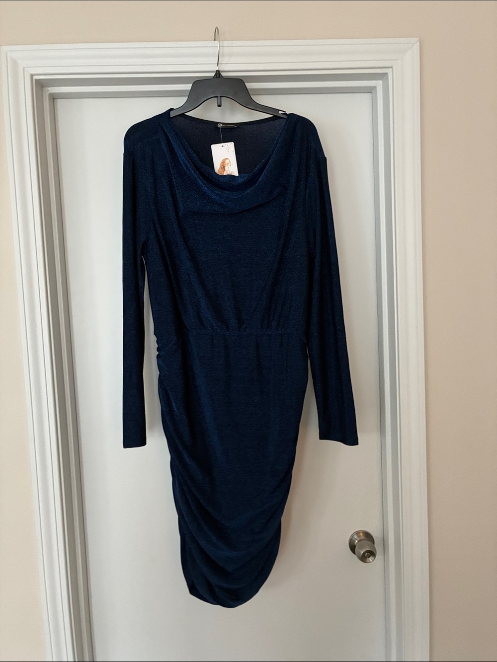 Navy Long-Sleeve Draped Midi Dress
